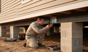 A professional FHA/HUD manufactured home retrofit showing a 4-block high concrete pier foundation with galvanized steel lateral bracing and a technician performing a structural inspection.